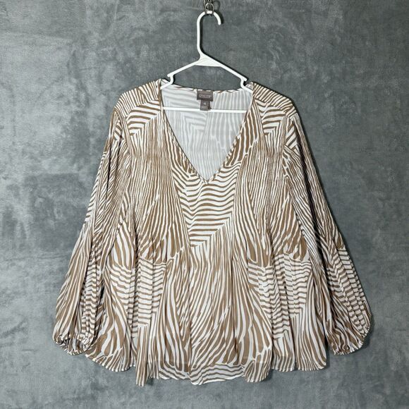 Chicos Tunic Top 2XL Size 4 Beige Babydoll Balloon 3/4 Sleeve Striped Flowy - Picture 1 of 11